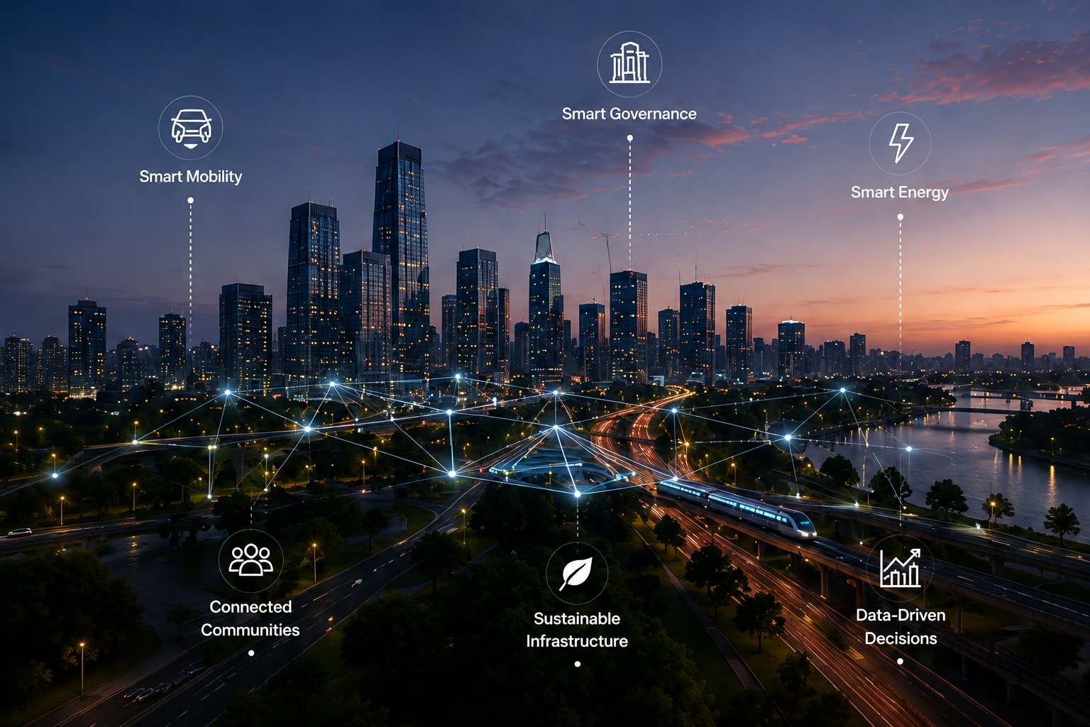 Smart Cities Services — connected urban infrastructure at dusk